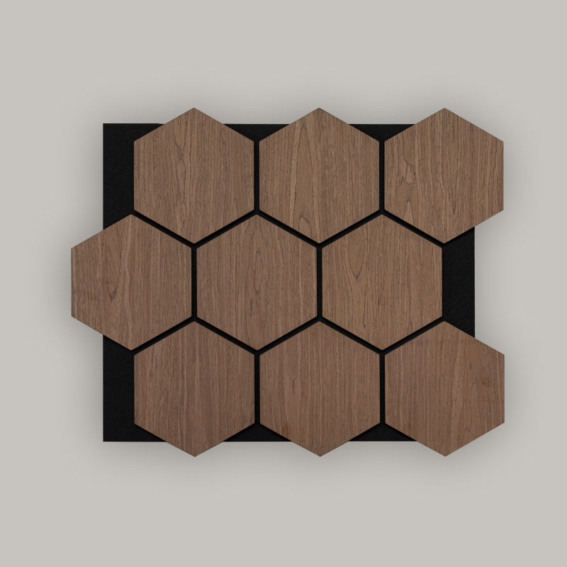 Roosterwand/akoestisch wandpaneel zeshoekig (verpakt met technisch houtfineer) - Afwerking met houtnerf 693 mm x 567 mm