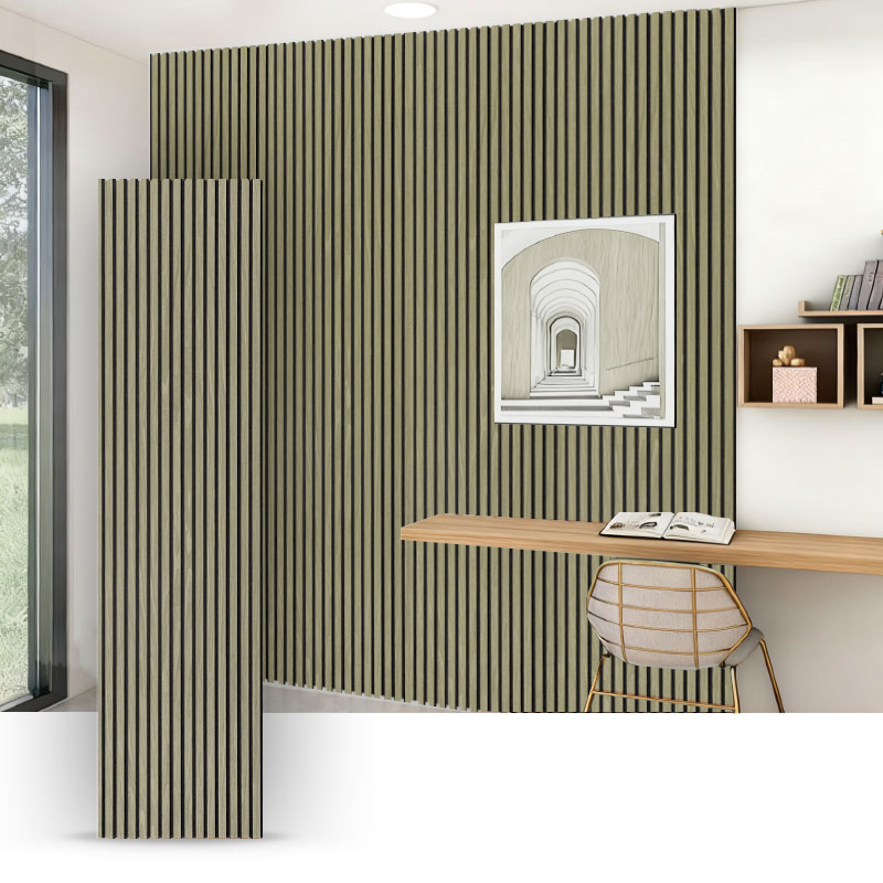 Roosterwand/akoestisch wandpaneel (3-zijdig in PVC verpakt) – stof-nerf / leer-nerf – 2400/2700 mm × 600 mm